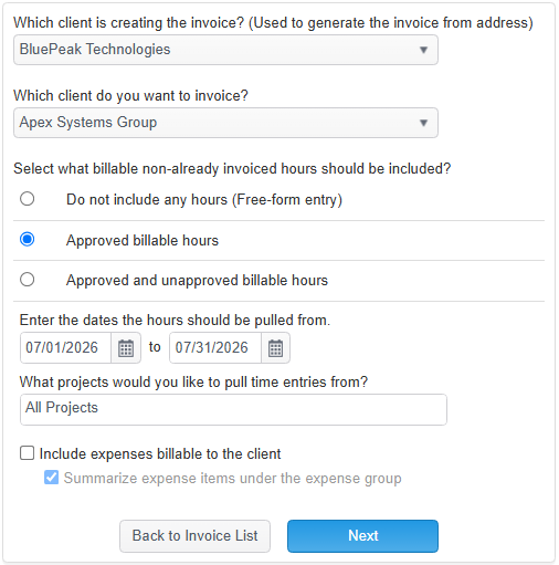 Timogix invoice selection screen using fictional BluePeak Technologies and Apex Systems Group data